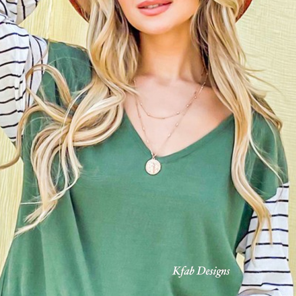 ❤️LAST 1! V Neck Kelly Green Stripe Contrast Ballon Sleeve Soft Knit Top! - Picture 11 of 11